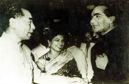 Amala and Uday Shankar greeting CHinese Premier Chou en-Lai in 1956